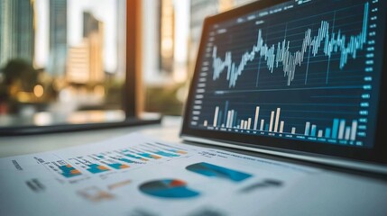 Business data analysis on tablet, charts and graphs on papers, cityscape background