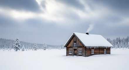 Secluded cabin in a snowy winter landscape with smoke rising from the chimney