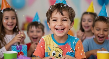 陽光輝く笑顔 子供達 誕生日パーティー 楽しい瞬間. AI Generated