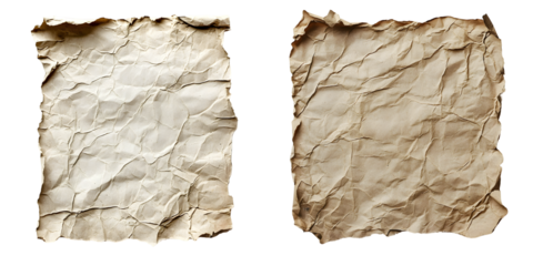 Wrinkled and torn paper sheet with rough texture and uneven edges. isolated on a transparent background