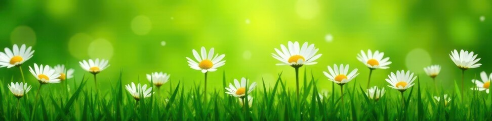 Elegant line of daisies nestled in vibrant green grass , countryside, meadow