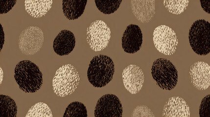 Abstract seamless pattern with textured dark and light brown circles on a matching background. Dots with chaotic lines design for fabric print.