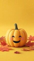 Cheerful Pumpkin Surrounded by Colorful Leaves Against a Bright Yellow Background, Perfectly Capturing the Spirit of Autumn and Festive Seasons.