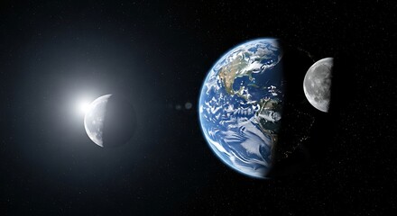 Earth moon and sun celestial bodies in outer space showing cosmic planetary science and astronomical exploration