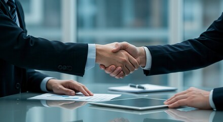 Executive handshake sealing new partnership in a sleek modern office setting.