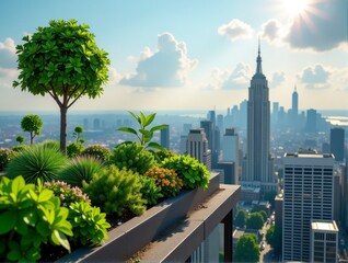 Fototapeta premium A lush rooftop garden with greenery and trees overlooking a sunlit city skyline at sunset.