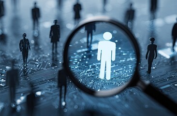 Magnifying glass over glowing human figure amidst others on a circuit board