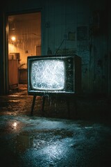 Vintage TV with Static in Abandoned Room with Puddles and Rain