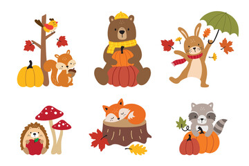Vector illustration set of cute woodland animals (bear, fox, raccoon, rabbit, squirrel, hedgehog, bird) in an autumn forest with pumpkins and fall leaves.