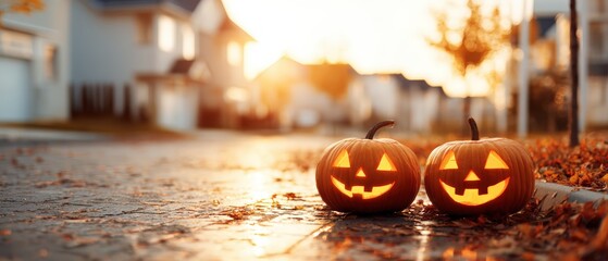 Two glowing carved pumpkins with traditional jack-o'-lantern faces sitting on a quiet suburban street du sunset for Halloween celebration