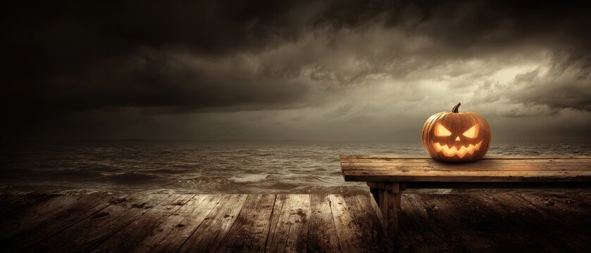Spooky Halloween scene with carved pumpkin on a wooden dock under stormy dark cloudy sky and rough ocean