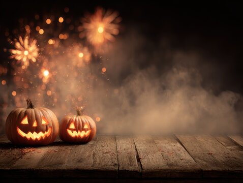 A Spooktacular Halloween Scene Featuring Glowing Jack-O'-Lanterns Surrounded by a Mysterious Atmosphere and Dazzling Fireworks in the Background.