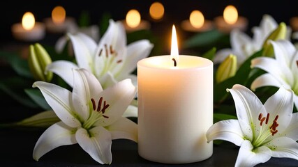Lit candle surrounded by white lilies