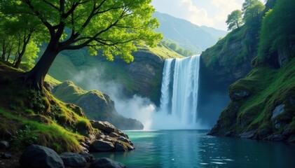 Misty mountain waterfall flows through ancient trees , trees, ancient