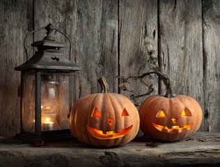 Obraz premium Spooky Autumn Scene Featuring Illuminated Jack-o'-Lanterns and Vintage Lantern Set Against a Rustic Wooden Background
