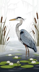 Fototapeta premium Heron in a misty swamp