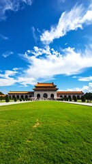 Majestic building, vibrant sky, and lush grass