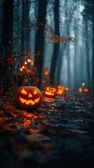 Mysterious Halloween Forest with Glowing Jack-O'-Lanterns Illuminating a Foggy Path Among Autumn Leaves