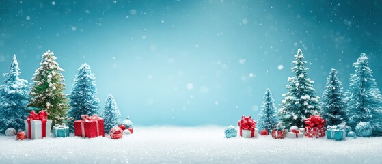 Snowy winter landscape with decorated evergreen trees and colorful gift boxes under snowfall du daytime
