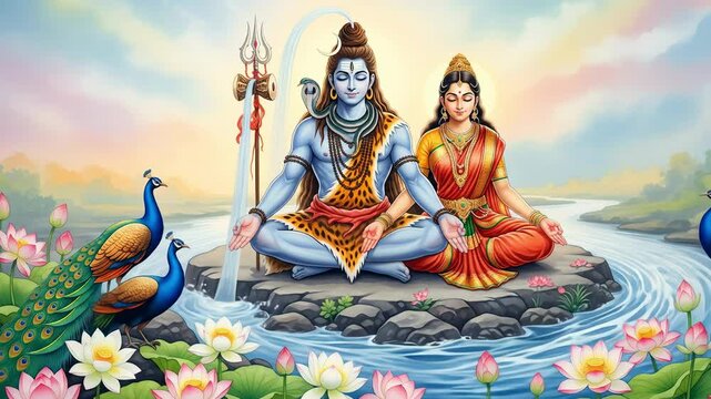 Divine lord shiva and goddess parvati meditating for hartalika teej pradosh vrat celebrating sharad navratri sacred festival