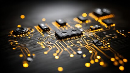 Digital Circuitry Elegance: A close-up shot of a complex circuit board, illuminated with glowing golden traces against a dark, dramatic background. showcasing the intricate beauty of technology.