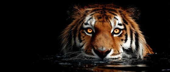 Majestic tiger swimming in dark water with intense gaze and detailed fur, wildlife predator in aquatic environment