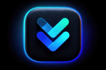 Glowing neon blue download icon on dark square