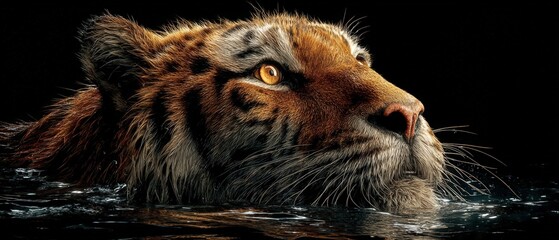 Majestic tiger swimming in water with intense gaze and detailed fur close-up nature scene