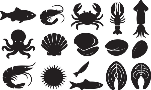 Set of Seafood Silhouettes &ndash; Vector Clipart Featuring Fish, Crab, Lobster, Shrimp, Octopus & Shell Icons