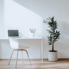Fototapeta premium A minimalist home office with white furniture Design
