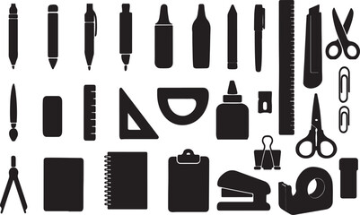 Fototapeta premium Set of Stationery Icons – Vector Clipart Featuring Pens, Pencils, Erasers, Notebooks, Paper Clips, Rulers & Office Tools
