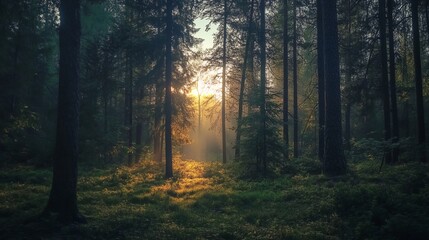 Obraz premium Golden sunlight filters through a misty forest