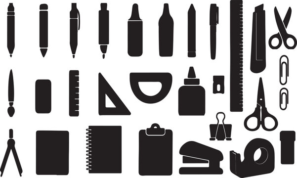 Set of Stationery Icons &ndash; Vector Clipart Featuring Pens, Pencils, Erasers, Notebooks, Paper Clips, Rulers & Office Tools