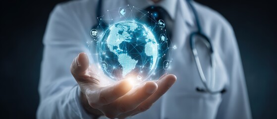Futuristic doctor hand holding digital globe with glowing technology elements representing global healthcare and innovation