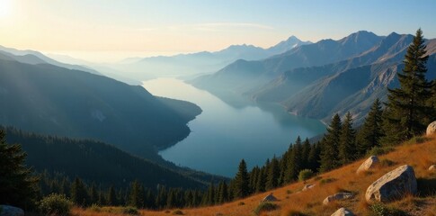 Misty morning, Heart Lake valley panorama from Mount Jo trail, lake, Mount Jo, peaceful