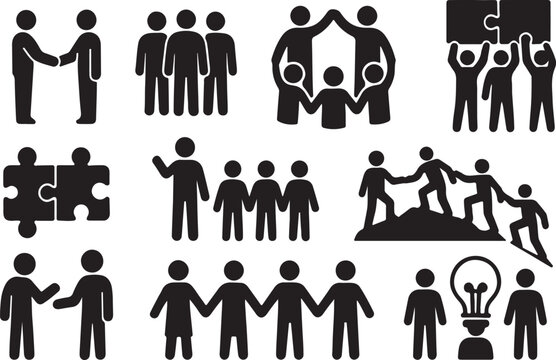 Set of Teamwork Silhouettes &ndash; Vector Clipart Featuring Business People, Group Discussions, Collaboration, Partnership & Leadership Poses