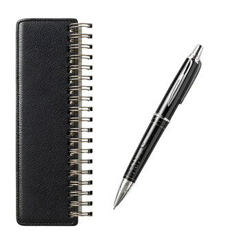 Blank Notebook and Pen: Ready for Inspiration - A clssic spiral notebook lies pen, a sleek black pen poied above its pristine page isolated on transparent bckground, cut out, png