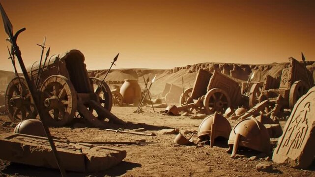 Ruins of Ancient Battlefield with Abandoned Chariots and Weapons Under Desert Skies