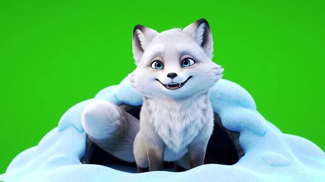 Cute animated arctic fox popping out of snow den against green screen background