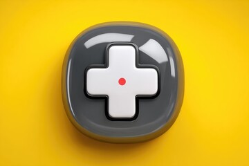 Glossy gray button with white cross, red dot center, yellow background