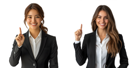 Young businesswoman in a suit smiling cheerfully pointing with forefinger away isolated on a transparent background