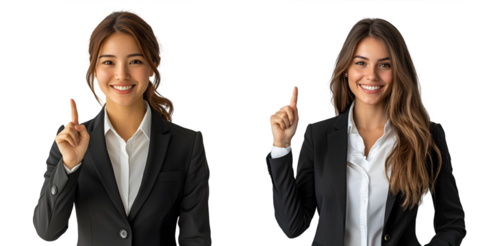 Young businesswoman in a suit smiling cheerfully pointing with forefinger away isolated on a transparent background