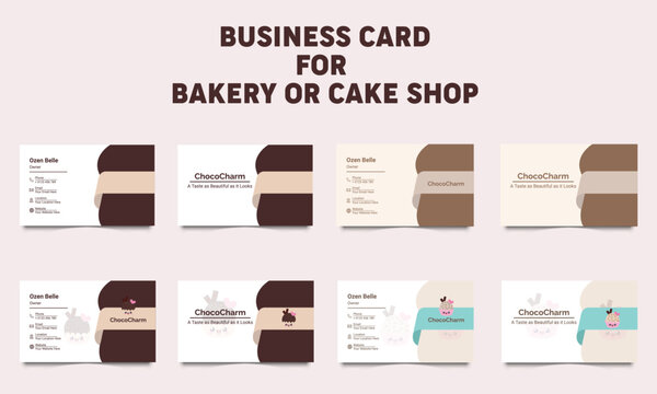 Front and back view of business card or horizontal template design set for bakery or cake shop. Template cover business card for restaurant, cafe or pastry shop.
