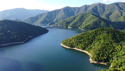 Fototapeta premium Serene Reservoir Landscape with Verdant Hills and Clear Blue Waters