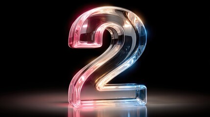 Illuminated glass digit two on dark background