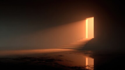Glowing doorway at end of hazy stairs reflecting in still water