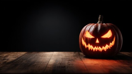 Spooky Halloween pumpkin with carved face illuminated in dark background and wooden surface