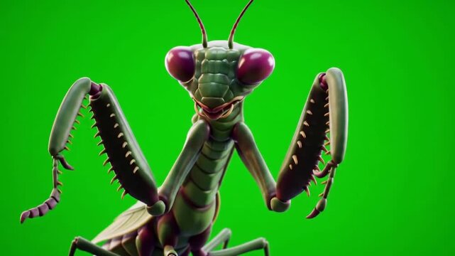 Detailed close up sequence of a green praying mantis insect with moving claws on green screen background