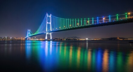 Fototapeta premium Vibrant Suspension Bridge Illuminated with Colorful Lights at Night.