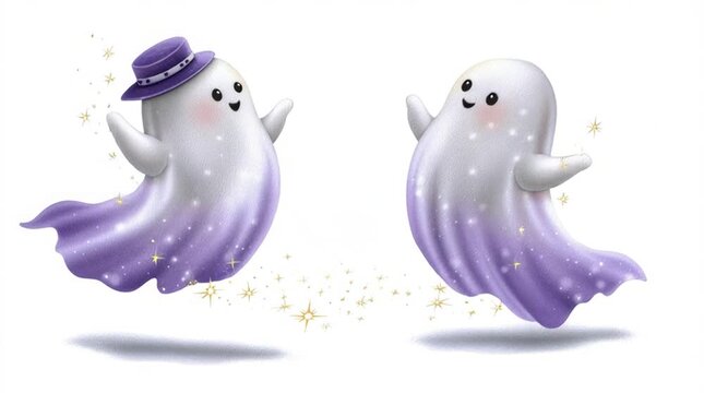 Halloween Spirited Specters: Two friendly ghosts float in ethereal whimsy, their translucent forms twinkling with stardust and a dash of delight, celebrating the supernatural joy of Halloween. 